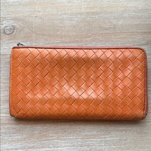Woven Leather Zip Wallet in Orange